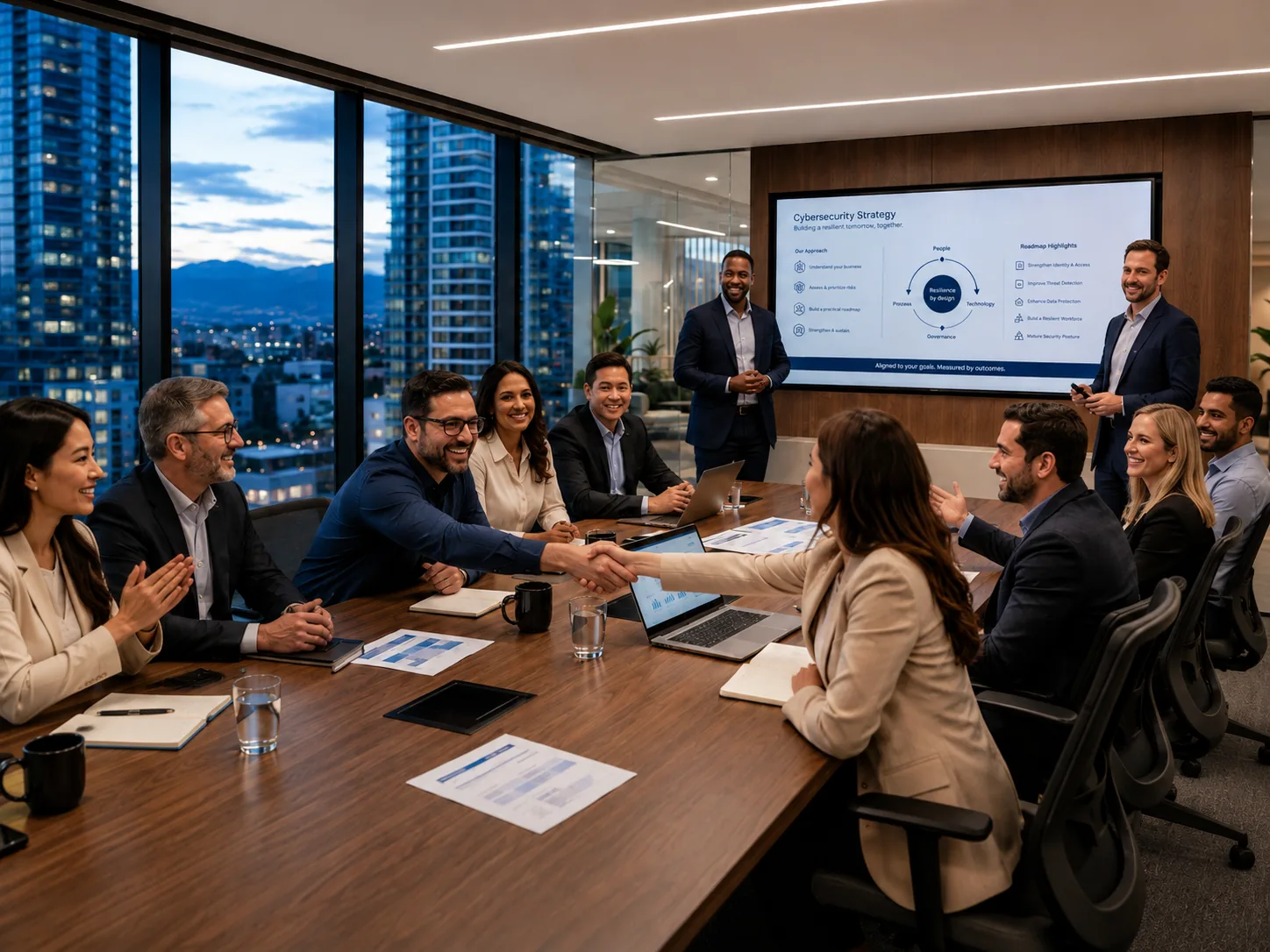Equipo empresarial y consultores de ciberseguridad colaborando con el personal de TI.