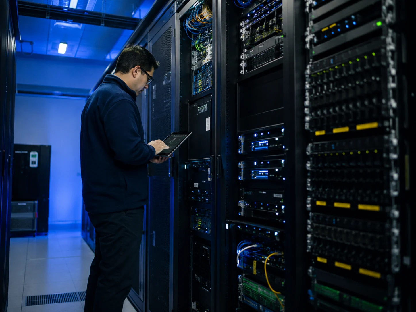 Especialista trabajando con infraestructura tecnológica y servidores.